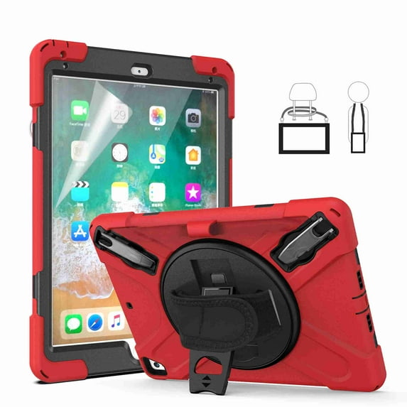 Dteck iPad 6th Gen. Case, iPad 9.7 2018/2017 Case (Not for ipad 2 3 4), Heavy Duty Protective Kicktand Hand Strap Shoulder Strap Shockproof Cover Pencil Holder for iPad Air 2/Pro 9.7 Inch, red