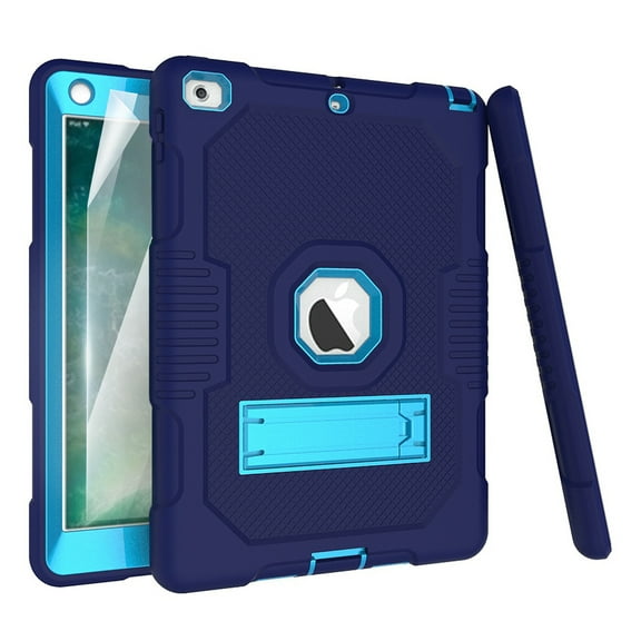 Dteck iPad 6th Generation Case with PET Screen Protector, Kids Case For iPad 5th Gen with Pencil Holder, Heavy Duty Rugged Dropproof Shockproof Case Kickstand Protective Cover, Navy+Blue