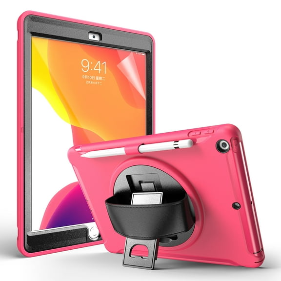 Dteck iPad 8th (2020)/ 7th Gen (2019) Case, Hybrid Shockproof Rugged Wtih Soft HD Screen Protecotor / Pencil Holder 3 Layer Armor Adjustable Hand Strap 360 Rotating Kickstand Cover, rose