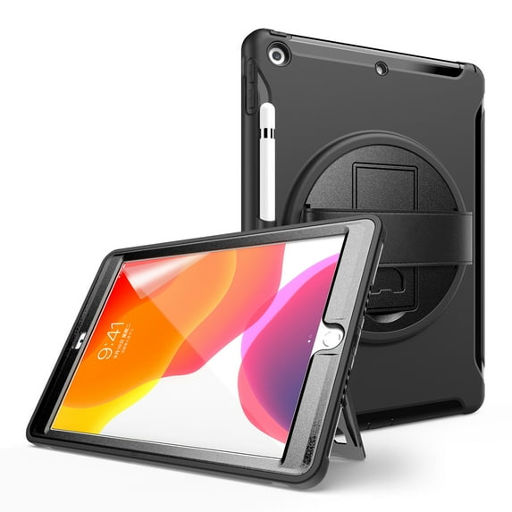 Dteck iPad 8th (2020)/ 7th Gen (2019) Case, Hybrid Shockproof Rugged Wtih Soft HD Screen Protecotor / Pencil Holder 3 Layer Armor Adjustable Hand Strap 360 Rotating Kickstand Cover, black