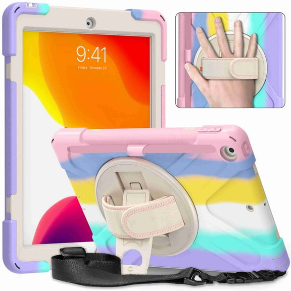 Dteck iPad 8th / 7th Generation Case, Heavy Duty Rugged Case with Pencil Holder Hand Strap, Kickstand, Shoulder Strap for Apple iPad 10.2 Inch 2020/2019- Multicolour