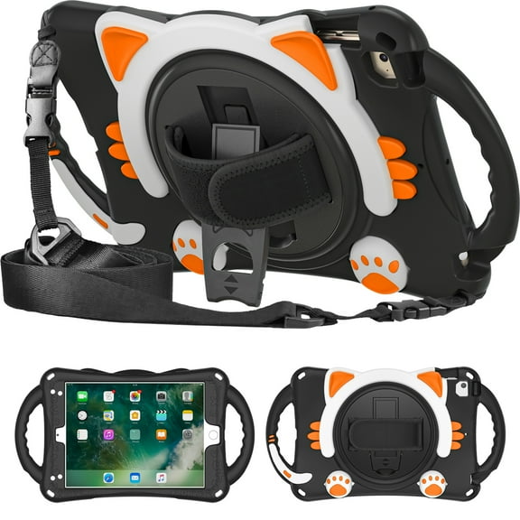 Dteck iPad 9.7 2018/2017 Case with 360 Rotatable Hand Strap/Shoulder Strap, Cute Cat Rugged Shockproof Kickstand Case with Handle Grip for iPad 6th Gen/iPad 5th Gen/iPad Air 2/iPad Air,Black Orange