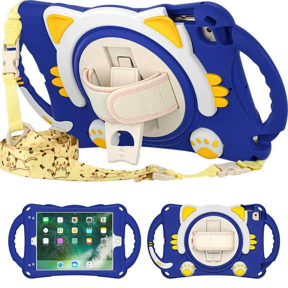 Dteck iPad 9.7 2018/2017 Case with 360 Rotatable Hand Strap/Shoulder Strap, Cute Cat Rugged Shockproof Kickstand Case with Handle Grip for iPad 6th Gen/iPad 5th Gen/iPad Air 2/iPad Air,Deep Blue