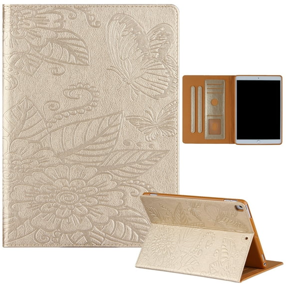 Dteck iPad 9.7 Inch 2018 / 2017 Case, Embossed Butterfly PU Leather Flip Case with Card Holder, Auto Wake Sleep Cover for iPad 6th Gen / 5th Gen /iPad Air 2 / iPad Air, Gold