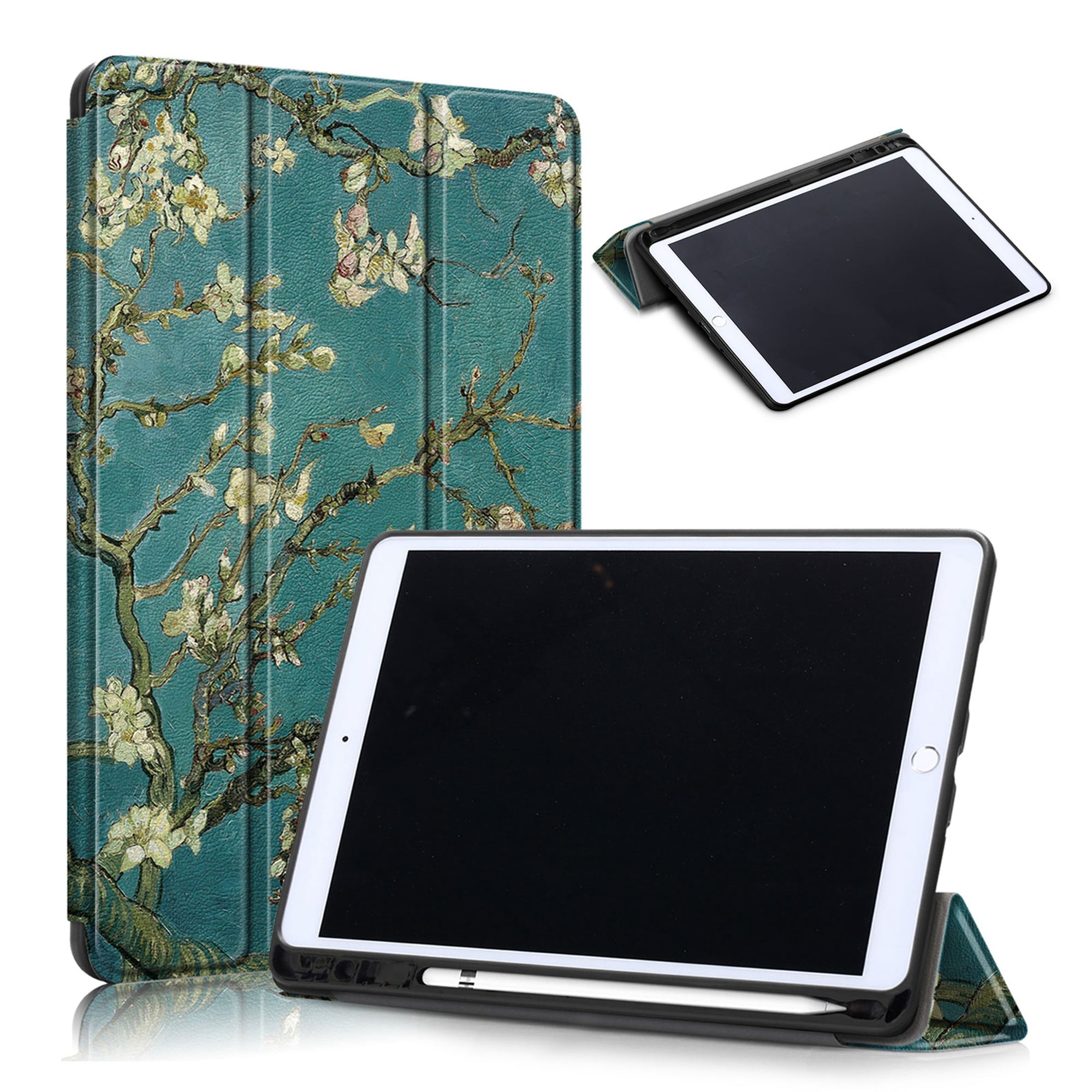 Dteck iPad 9th/8th/7th Generation Case iPad 10.2 Inch (2021/2020/2019Model) Case, [Shock Absorption] Ultra Slim Lightweight Trifold Stand Smart & Pencil Holder Cover, Apricot Flower