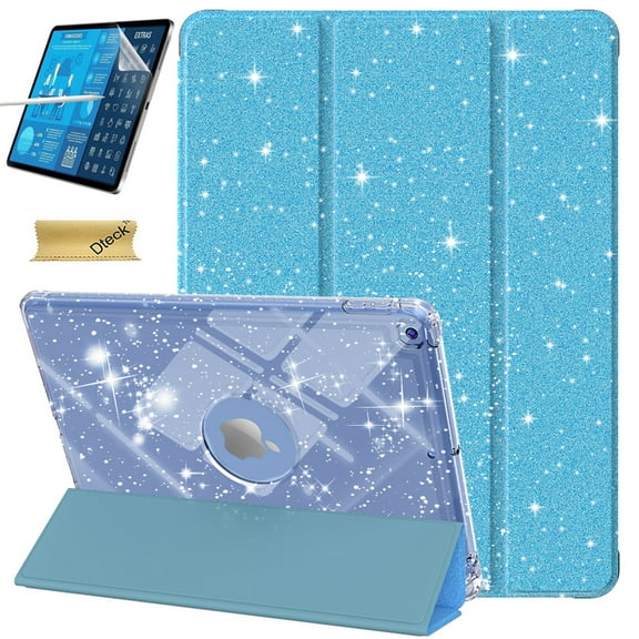 Dteck for iPad 9th/8th/7th Generation Case 10.2 Inch with Pencil Holder Screen Protector,Trifold Stand Protective Cover with Glitter Sparkly Clear Back, Blue