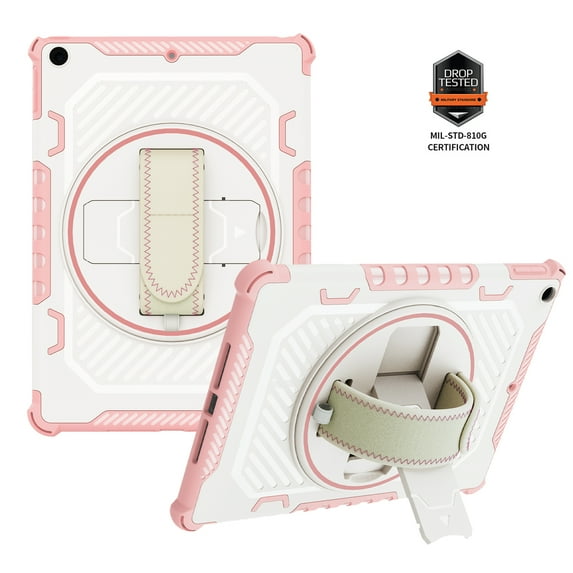 Dteck iPad 9th/ 8th/ 7th Generation Case 10.2", Shockproof Case with 360° Rotating Hand Strap Kickstand Protective Cover for iPad 10.2 inch 2021/2020/2019,Pink