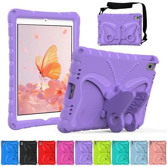 Dteck for iPad 9th 8th 7th Generation Case with Kickstand Butterfly Wings, Rugged Butterfly Kids iPad 10.2 Case Cover w/ Shoulder Strap for iPad 9th/8th/7th Gen (2021/2020 / 2019),Purple