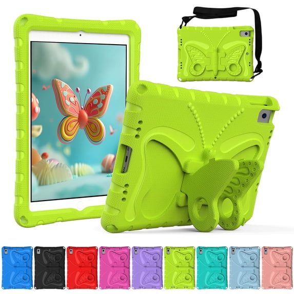 Dteck for iPad 9th 8th 7th Generation Case with Kickstand Butterfly Wings, Rugged Butterfly Kids iPad 10.2 Case Cover w/ Shoulder Strap for iPad 9th/8th/7th Gen (2021/2020 / 2019),Green