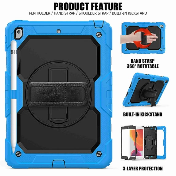 Dteck iPad 9th/ 8th/ 7th Generation Case (iPad 10.2 Case 2021/ 2020/2019) with Screen Protector Pencil Holder Kickstand Hand/ Shoulder Strap,Durable Protective Case for iPad 10.2 inch,lightblue+black