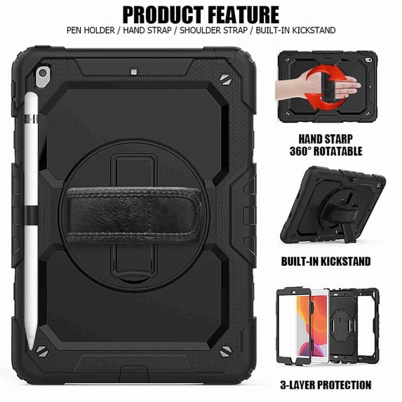 Dteck iPad 9th/ 8th/ 7th Generation Case (iPad 10.2 Case 2021/ 2020/ 2019) with Screen Protector Pencil Holder Kickstand Hand/ Shoulder Strap,Durable Protective Case for iPad 10.2 inch,black