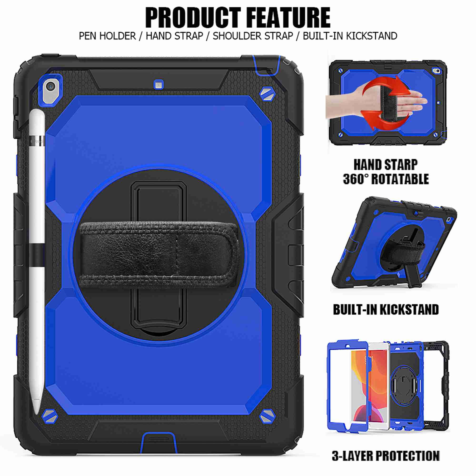 Dteck iPad 9th/ 8th/ 7th Generation Case (iPad 10.2 Case 2021/ 2020/ 2019) with Screen Protector Pencil Holder Kickstand Hand/ Shoulder Strap,Durable Protective Case for iPad 10.2 inch,black+blue