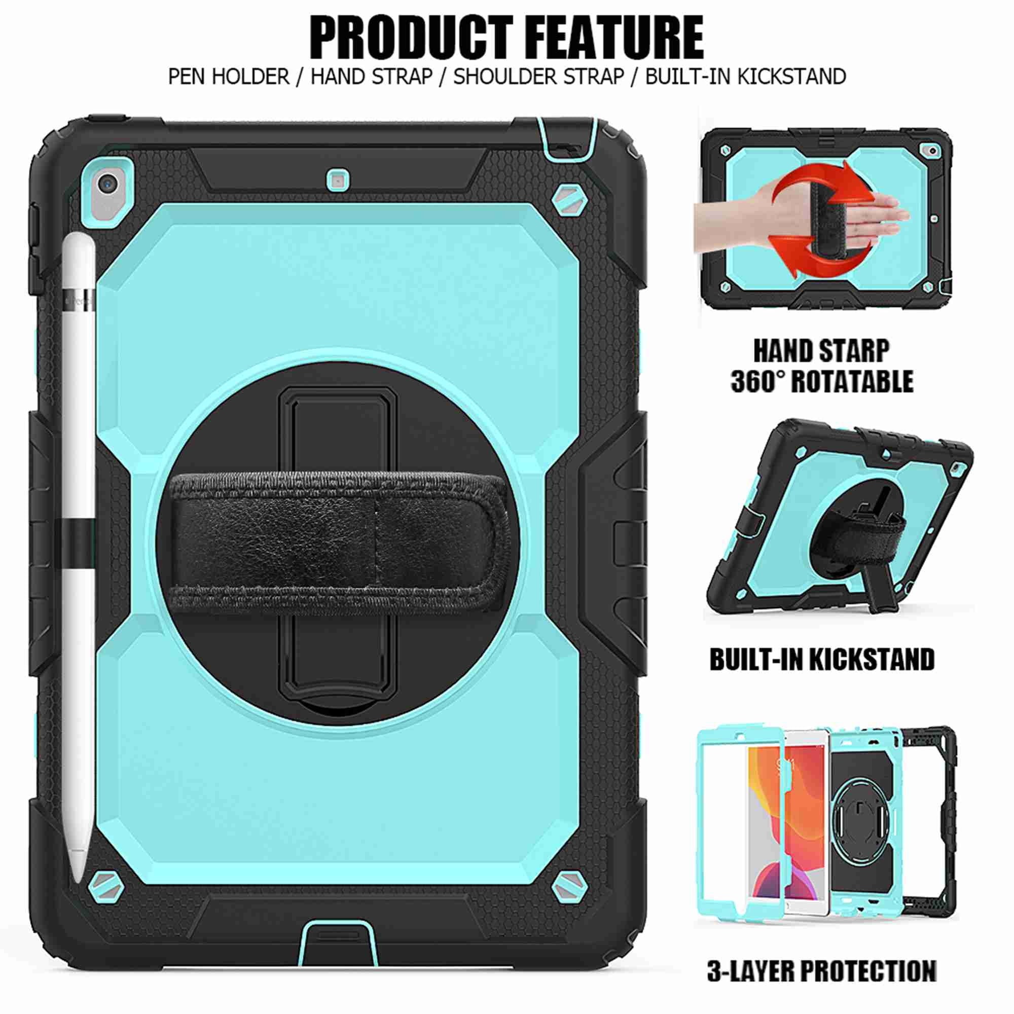 Dteck iPad 9th/ 8th/ 7th Generation Case (iPad 10.2 Case 2021/ 2020/2019) with Screen Protector Pencil Holder Kickstand Hand/ Shoulder Strap,Durable Protective Case for iPad 10.2 inch,black+lightblue