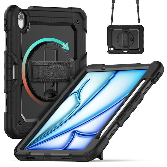 Dteck for iPad Air 11 Inch Case 2024 (M2) with Built-in Screen Protector, Shockproof iPad Air 6th Generation Case with Rotating Stand Hand/Shoulder Strap,Black