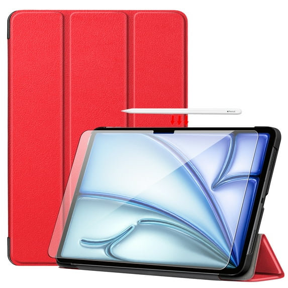 Dteck for iPad Air 11 Inch Case (M2) 2024, iPad Air 6th Generation Case 11 Inch with Tempered Glass Screen Protector, Slim Trifold Stand Case, Supports Pencil Pro & Pencil (USB-C),Red