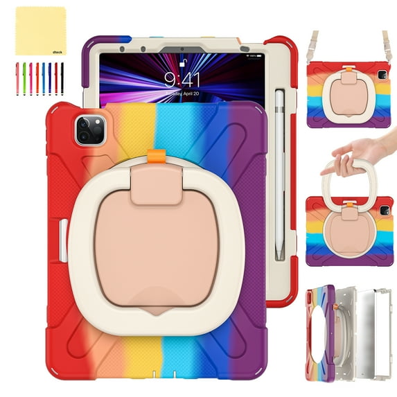 Dteck for iPad Air 11 inch 2025/2024 & Pro 11 (2022/2021/2020/2018) & Air 5th/4th Case,Sturdy Rotate Ring Stand Shoulder Carrying Strap Hand Strap Rugged Children Adults Outdoor Case, Colorful Red