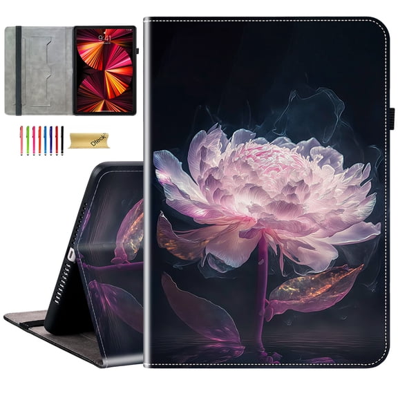 Dteck for iPad Air 13 Inch Case (2024), iPad Pro 12.9 Case (2022/2021/2020/2018) Case, Leather Folio Cover Auto Wake/Sleep with Card Slots, Multi-Angle Viewing Stand,Purple Peony