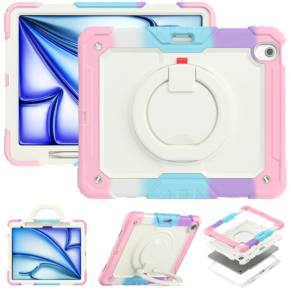 Dteck for iPad Air 13 Inch Case M2(2024) Heavy Duty Case, Shockproof Drop Protection with Screen Protector & Pencil Holder & Rotating Stand & Handle Rugged Protective Cover, Rainbow Pink
