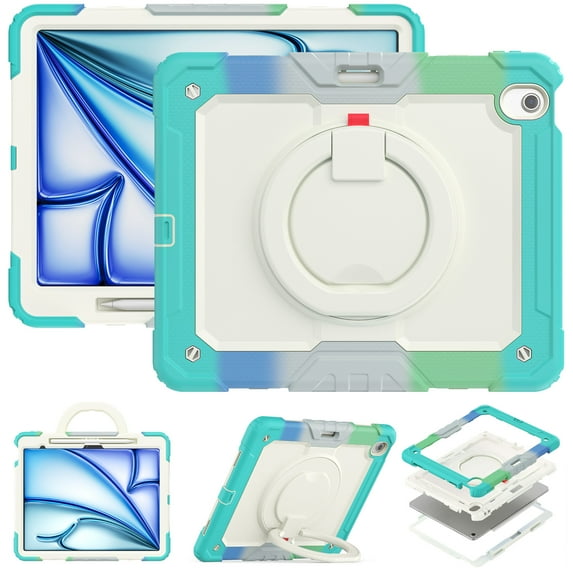 Dteck for iPad Air 13 Inch Case M2(2024) Heavy Duty Case, Shockproof Drop Protection with Screen Protector & Pencil Holder & Rotating Stand & Handle Rugged Protective Cover, Rainbow Mint