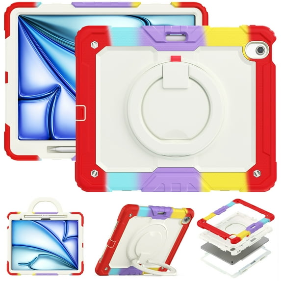 Dteck for iPad Air 13 Inch Case M2(2024) Heavy Duty Case, Shockproof Drop Protection with Screen Protector & Pencil Holder & Rotating Stand & Handle Rugged Protective Cover, Rainbow Red
