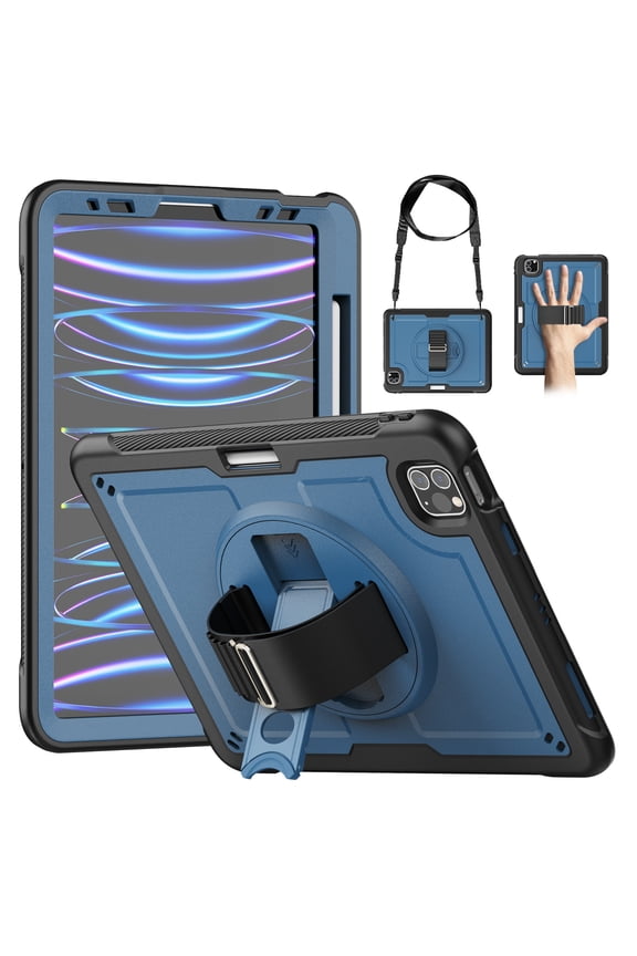 for iPad Air 13 Inch Case M3/M2 (2025/2024) with Pencil Holder, Military-Grade Protection Shockproof Case with Rotating Stand, Hand/Shoulder Strap,Navy Blue