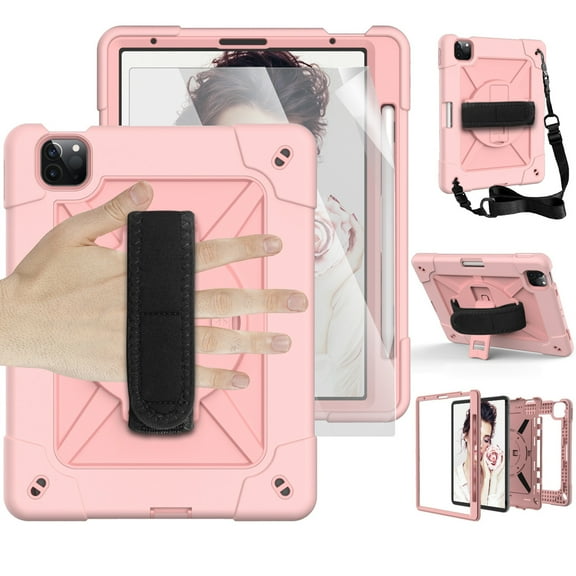 Dteck iPad Air 4 Case 10.9 Inch 2020 iPad Air 4th Generation Case with Screen Protector, Heavy Duty Rugged Shockproof Case with Kickstand 360 Rotating Hand Strap Shoulder Strap, Rosegold