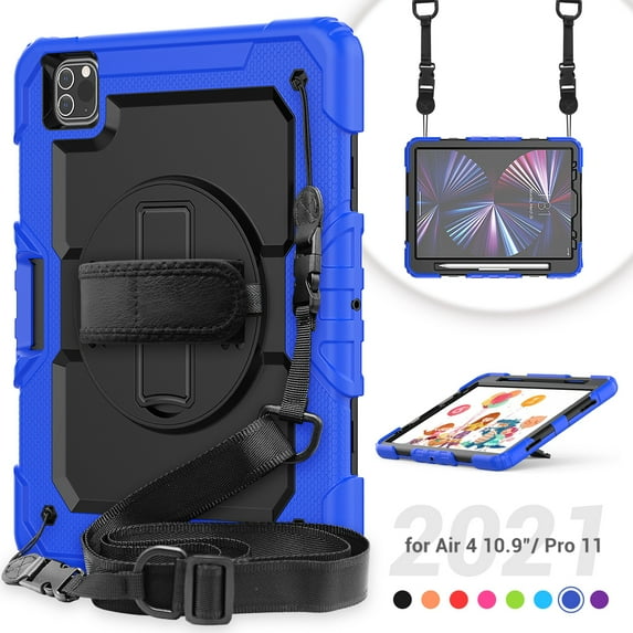 Dteck for iPad Air 5/Air 4 10.9 Case 2022 2020, iPad Pro 11 Case 2022 2021 with Built-in Screen Protector, Heavy Duty Shockproof Case with Rotatable Hand Strap/Kickstand/Pencil Holder,Blue+Black