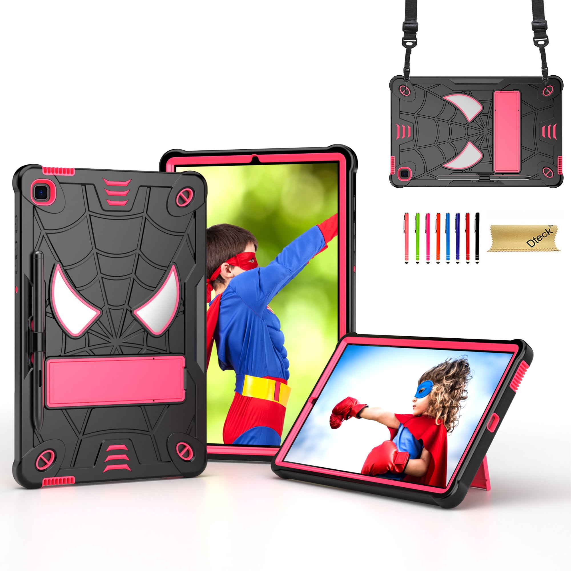 Dteck for iPad Air 5th/4th Gen Case iPad Pro 11 Case 2022/2021/2020/2018 with Pencil Holder, Heavy Duty Hybrid Shockproof Rugged Kids Case with Kickstand Crossbody Shoulder Strap,Black+Rose