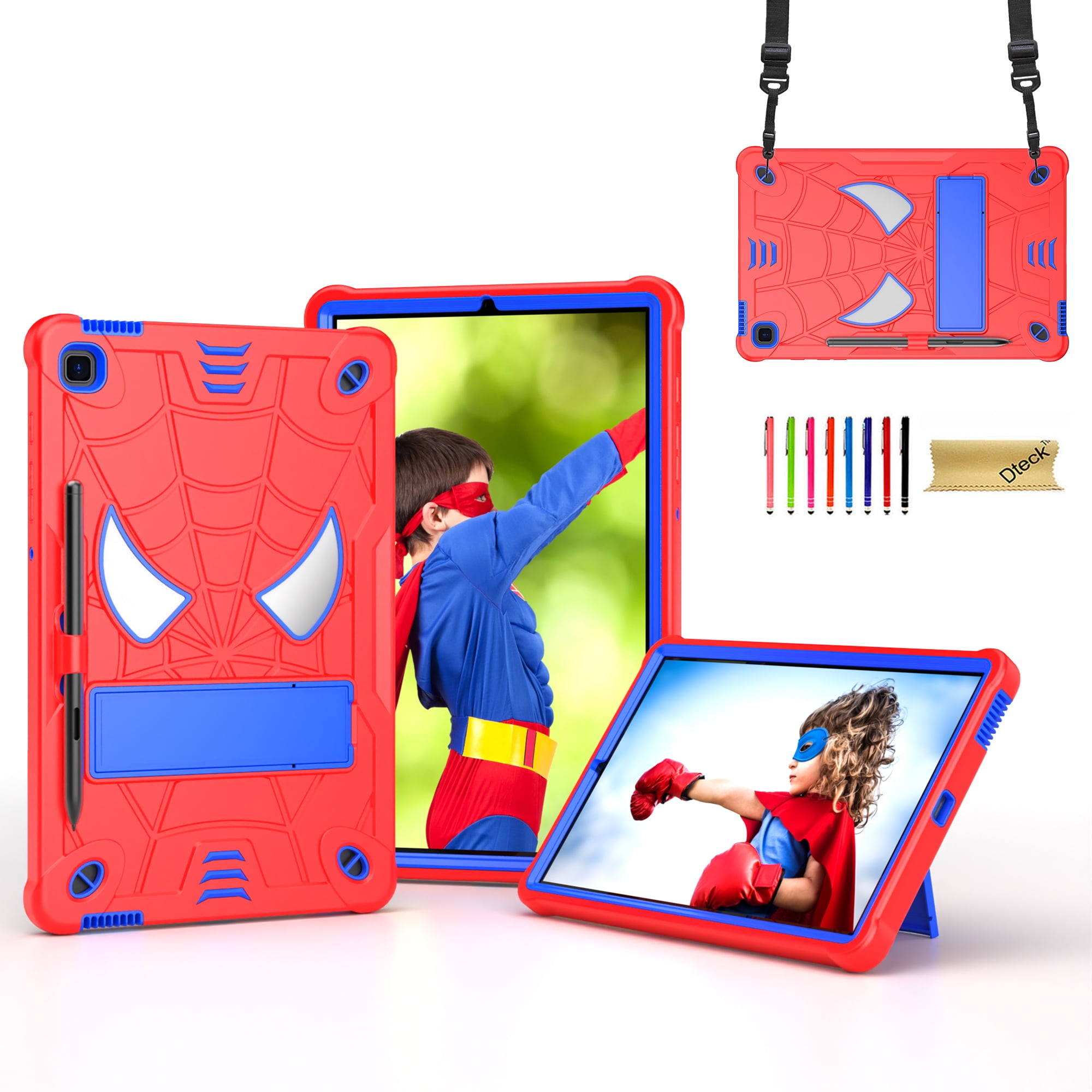 Dteck for iPad Air 5th/4th Gen Case iPad Pro 11 Case 2022/2021/2020/2018 with Pencil Holder, Heavy Duty Hybrid Shockproof Rugged Kids Case with Kickstand Crossbody Shoulder Strap,Red+Blue