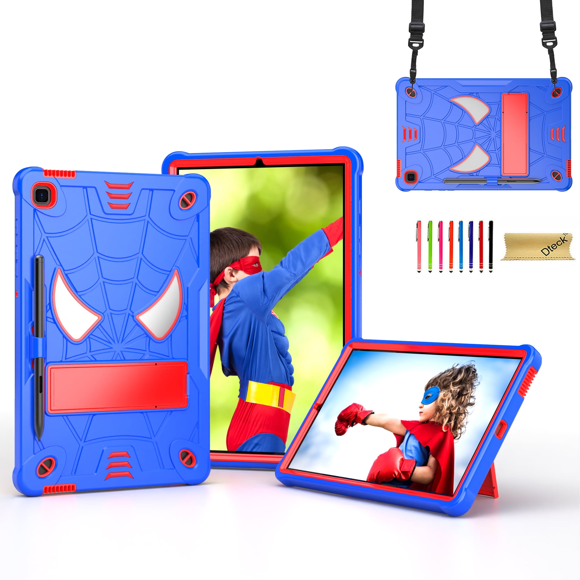 Dteck for iPad Air 5th/4th Gen Case iPad Pro 11 Case 2022/2021/2020/2018 with Pencil Holder, Heavy Duty Hybrid Shockproof Rugged Kids Case with Kickstand Crossbody Shoulder Strap,Blue+Red