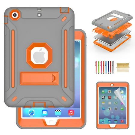 Dteck iPad Mini 4/5 Case with PET Screen Protector, iPad Mini 4 Case, iPad Mini 5 Case, Three Layer Heavy Duty Shockproof Protective Case with Kickstand For iPad mini 4 5, Gray/Orange