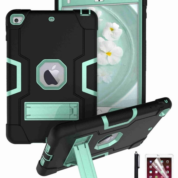 Dteck iPad Mini 5, Mini 4 Case, Shockproof [Full-Body] Hybrid 3-Layer Drop Protection Rugged Kickstand [HD Screen Protector] Cover For iPad Mini 5th 2019 / Mini 4th Gen 2015 7.9", Black+Aqua