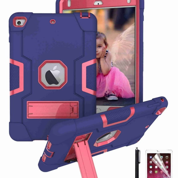 Dteck iPad Mini 5, Mini 4 Case, Shockproof [Full-Body] Hybrid 3-Layer Drop Protection Rugged Kickstand [HD Screen Protector] Cover For iPad Mini 5th 2019 / Mini 4th Gen 2015 7.9", Navyblue+Rose