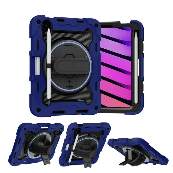 Dteck iPad Mini 6 Case 2021, iPad Mini 6th Generation Case for Kids, Heavy Duty Shockproof Cover with Pencil Holder/360 Rotating Stand/Hand Strap for iPad Mini 6th Generation 8.3 Inch 2021, Darkblue