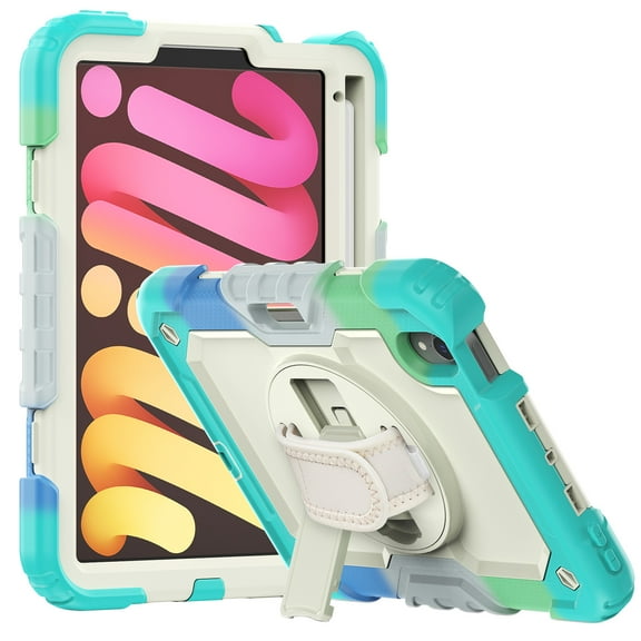 Dteck iPad Mini 6 Case with Pencil Holder, Dual Layer Shockproof Built-in Soft PET Screen Protector, Full-Body Rugged Shoulder Strap Kickstand Protective Case for iPad Mini 6th 8.3 inch, Mint