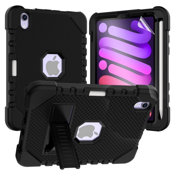 Dteck iPad Mini 6 Case with Screen Protector, iPad Mini 6th Generation Case for Kids, Heavy Duty Shockproof Rugged Cover with Pencil Holder Kickstand for iPad Mini 6th Gen 8.3 inch 2021, Black