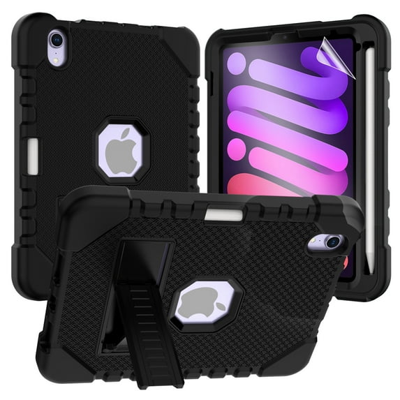 Dteck iPad Mini 6 Case with Screen Protector, iPad Mini 6th Generation Case for Kids, Heavy Duty Shockproof Rugged Cover with Pencil Holder Kickstand for iPad Mini 6th Gen 8.3 inch 2021, Black