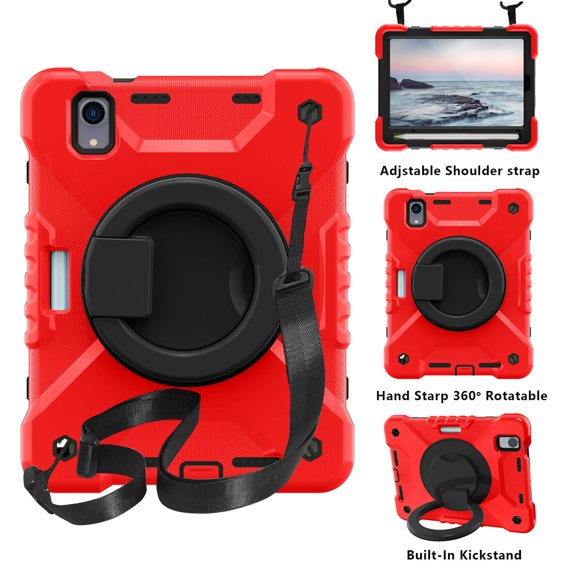 Dteck iPad Mini 6 Case with Screen Protector, iPad Mini 6th Generation Case for Kids, Heavy Duty Three Layer Hybrid Full-body Rugged Case With Handle Grip/Rotating Stand/Shoulder Strap,Red/Black