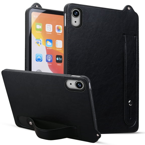 Dteck for iPad Mini 7 Case (A17 Pro) 2024, iPad Mini 6 Case 2021 with Hand Strap, Shockproof Stand Cover PU Leather Protective Slim Soft Back Case for iPad Mini 7th/6th Gen Case 8.3 Inch, Black