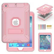 Dteck iPad Mini Case with Screen Protector, iPad Mini 2 Case, iPad Mini 3 Case, iPad mini Retina Case, Three Layer Heavy Duty Shockproof Kickstand Protective Case, Rosegold