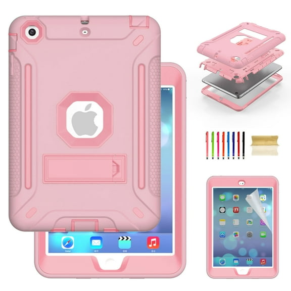 Dteck iPad Mini Case with Screen Protector, iPad Mini 2 Case, iPad Mini 3 Case, iPad mini Retina Case, Three Layer Heavy Duty Shockproof Kickstand Protective Case, Rosegold