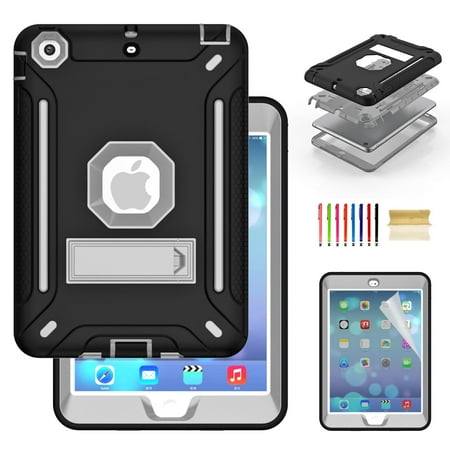 Dteck iPad Mini Case with Screen Protector, iPad Mini 2 Case, iPad Mini 3 Case, iPad mini Retina Case, Three Layer Heavy Duty Shockproof Kickstand Protective Case, Black/Gray