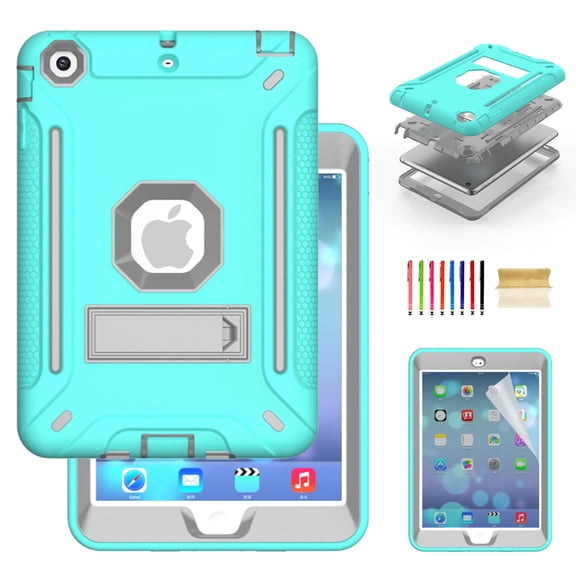 Dteck iPad Mini Case with Screen Protector, iPad Mini 2 Case, iPad Mini 3 Case, iPad mini Retina Case, Three Layer Heavy Duty Shockproof Kickstand Protective Case, Mint/Gray
