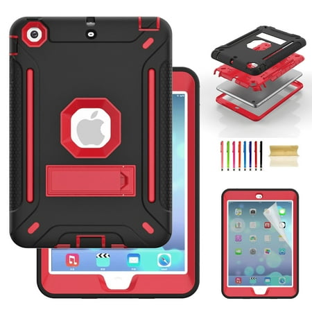 Dteck iPad Mini Case with Screen Protector, iPad Mini 2 Case, iPad Mini 3 Case, iPad mini Retina Case, Three Layer Heavy Duty Shockproof Kickstand Protective Case, Black/Red