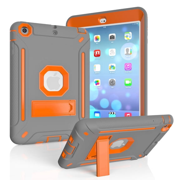 Dteck iPad Mini Case (no built-in screen protector), iPad Mini 2 Case, iPad Mini 3 Case, iPad mini Retina Case, Three Layer Heavy Duty Shockproof Protective Case with Kickstand, Gray/Orange