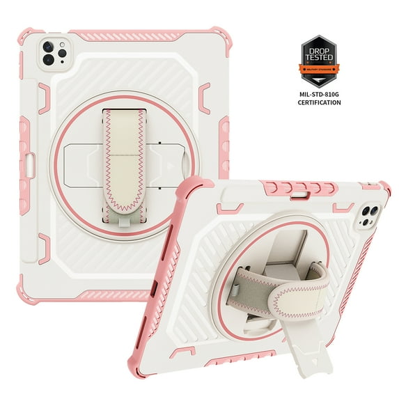 Dteck for iPad Pro 11 Case 2022 4th Generation/2021 3rd Gen, iPad Air 5/ Air 4 Case, Military Grade Drop Proof Shockproof Case with 360° Rotating Hand Strap Kickstand Protective Cover,Pink