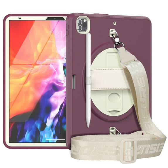 Dteck iPad Pro 12.9 2022 Case with Built-in Screen Protector, iPad Pro 12.9 6th/5th/4th/3rd Gen Case, Heavy Shockproof Rotatable Kickstand Cover with Hand/Shoulder Strap, Purple+Beige