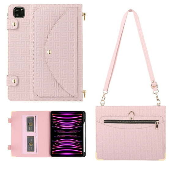 Dteck for iPad Pro 12.9 Case 6th/5th/4th/3rd Generation 2022/2021/2020/2018,Premium Leather Business Folio Stand Cover with Pencil Holder,Slim Handbag iPad Case with Document Slot Zipper Pocket,Pink