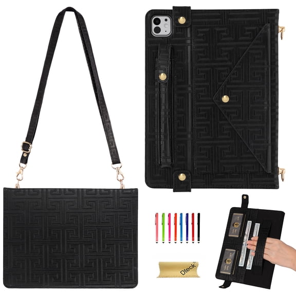 Dteck for iPad Pro 13 Inch Case M4 (2024), Portfolio Case Shoulder Bag for iPad Pro 13, PU Leather Business iPad Case with Pencil Holder Envelope Pocket Hand Strap Holder, Black