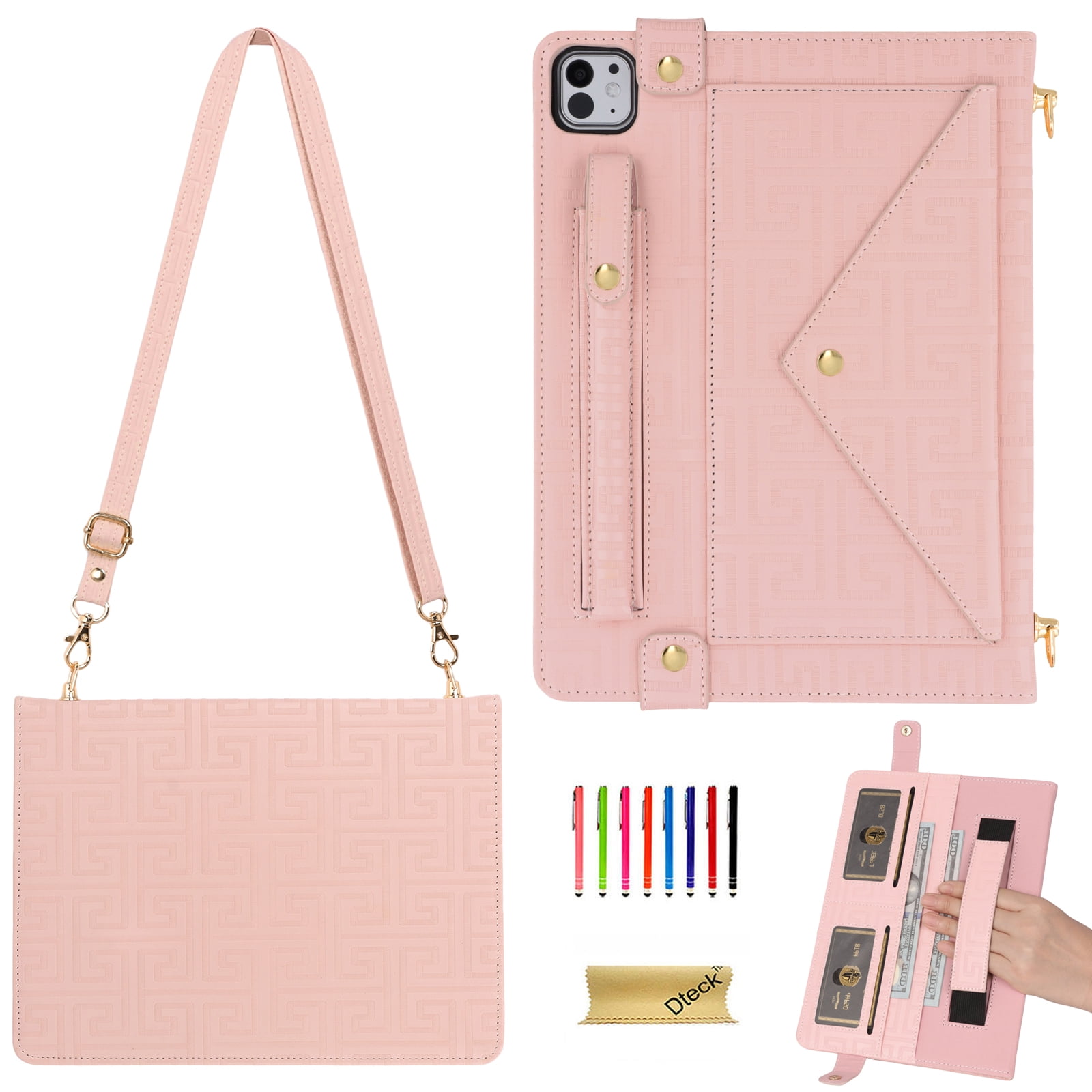 Dteck for iPad Pro 13 Inch Case M4 (2024), Portfolio Case Shoulder Bag for iPad Pro 13, PU Leather Business iPad Case with Pencil Holder Envelope Pocket Hand Strap Holder, Retro Pink